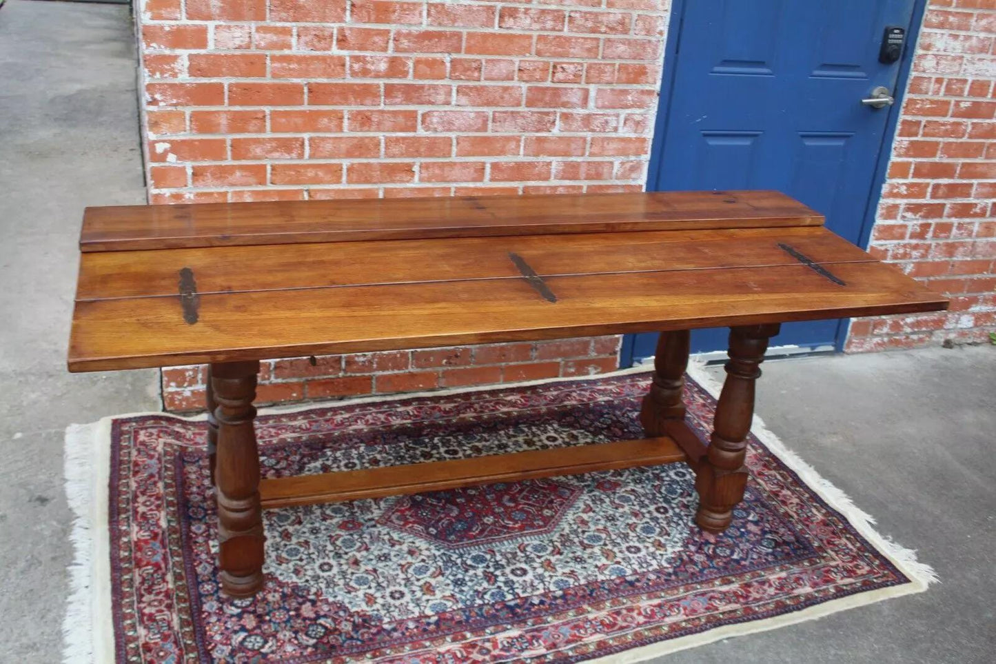 French Antique Oak Trestle Table Dining Console Sofa Table w/ Turned Legs