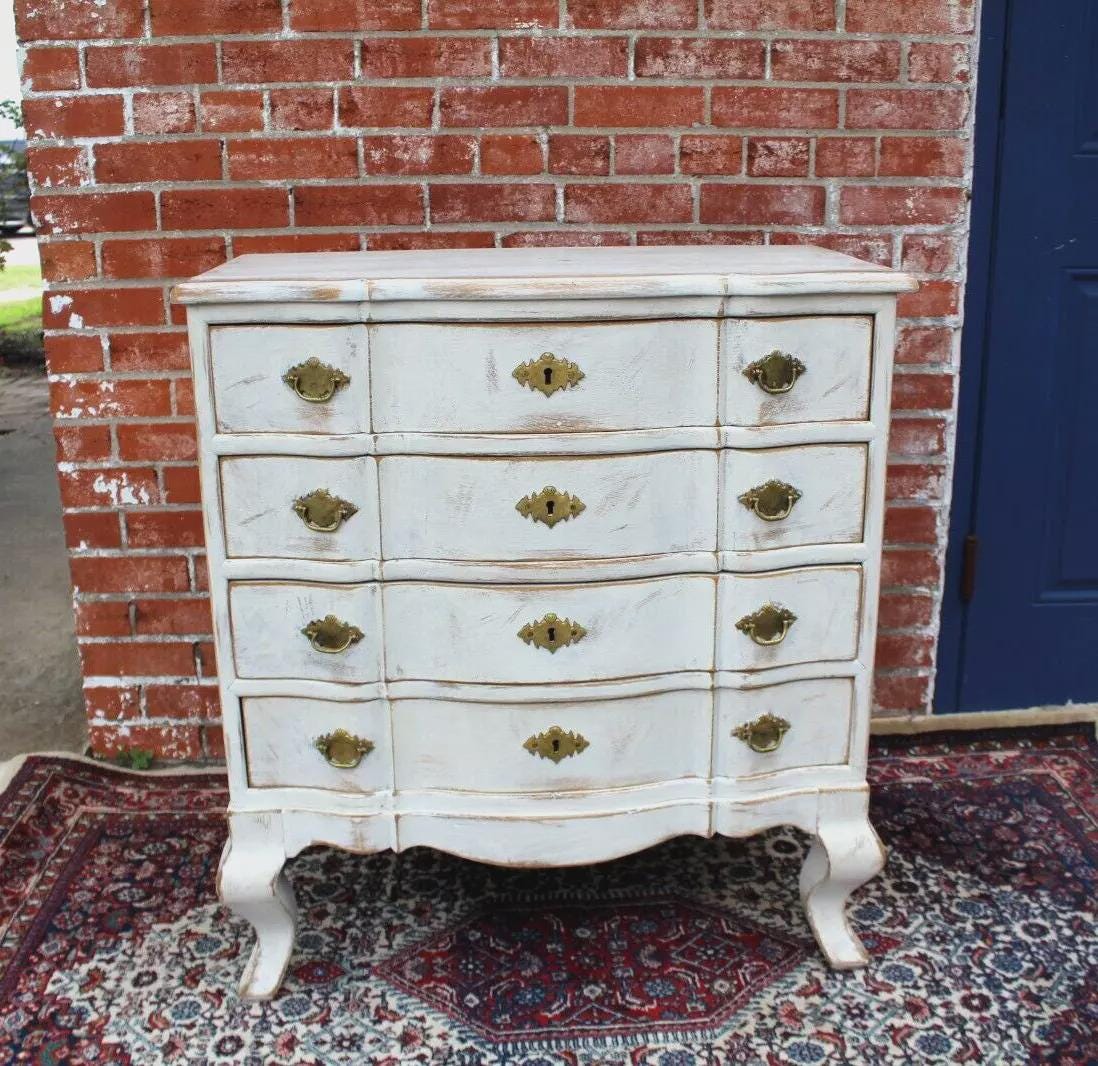 Scandinavian Painted Antique White Chest | Vintage Small Curved Drawer Dresser