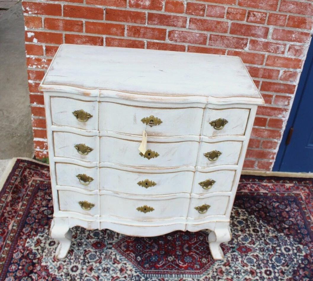 Scandinavian Painted Antique White Chest | Vintage Small Curved Drawer Dresser