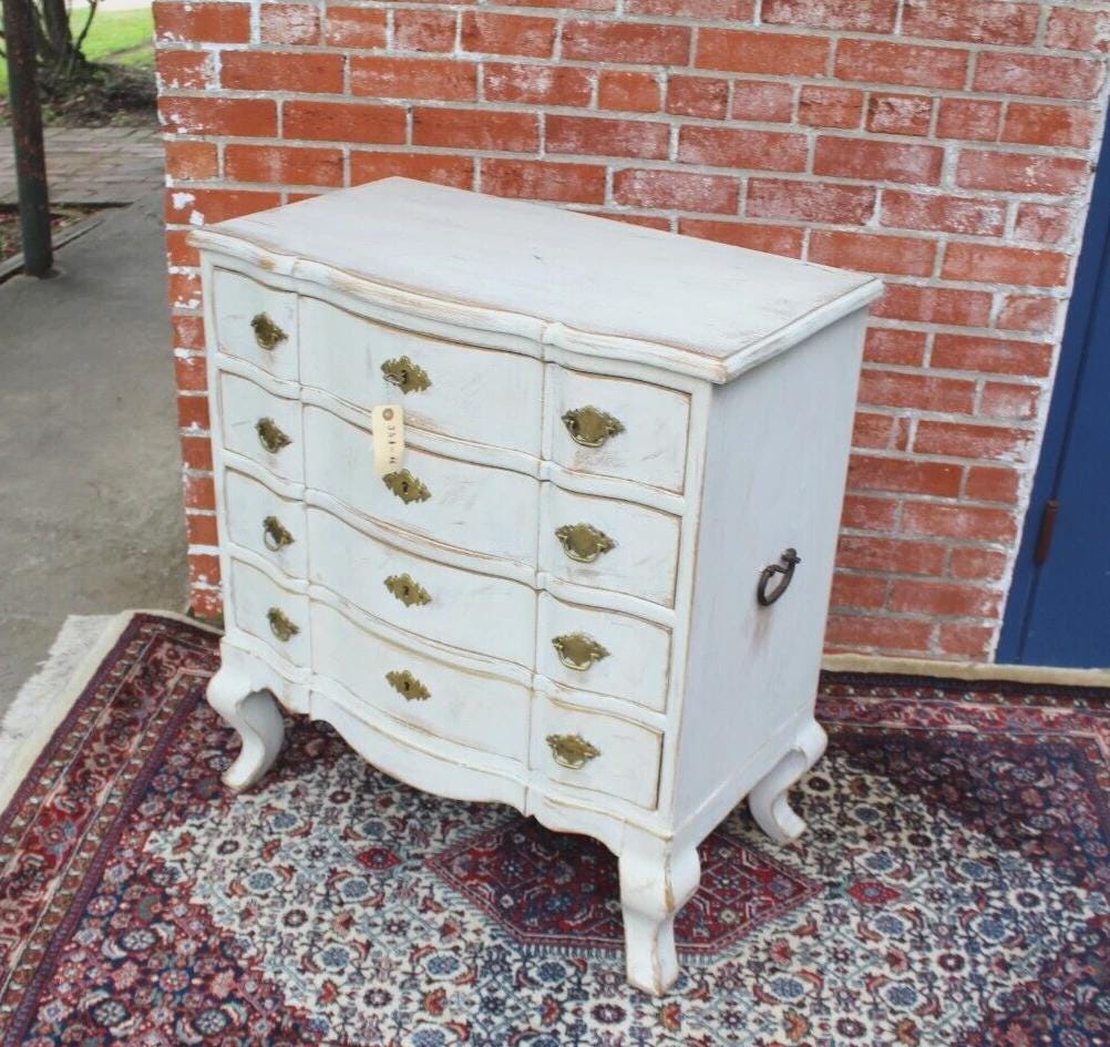 Scandinavian Painted Antique White Chest | Vintage Small Curved Drawer Dresser