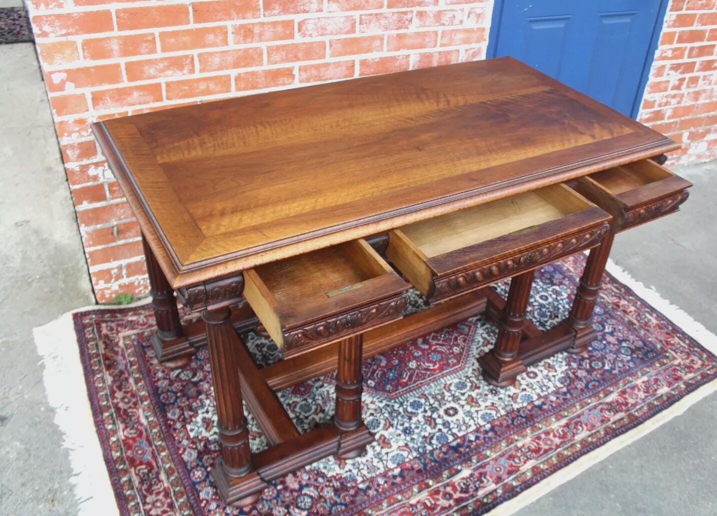 French Antique Walnut Louis XVI Writing Desk | Circa 1880 Carved Table