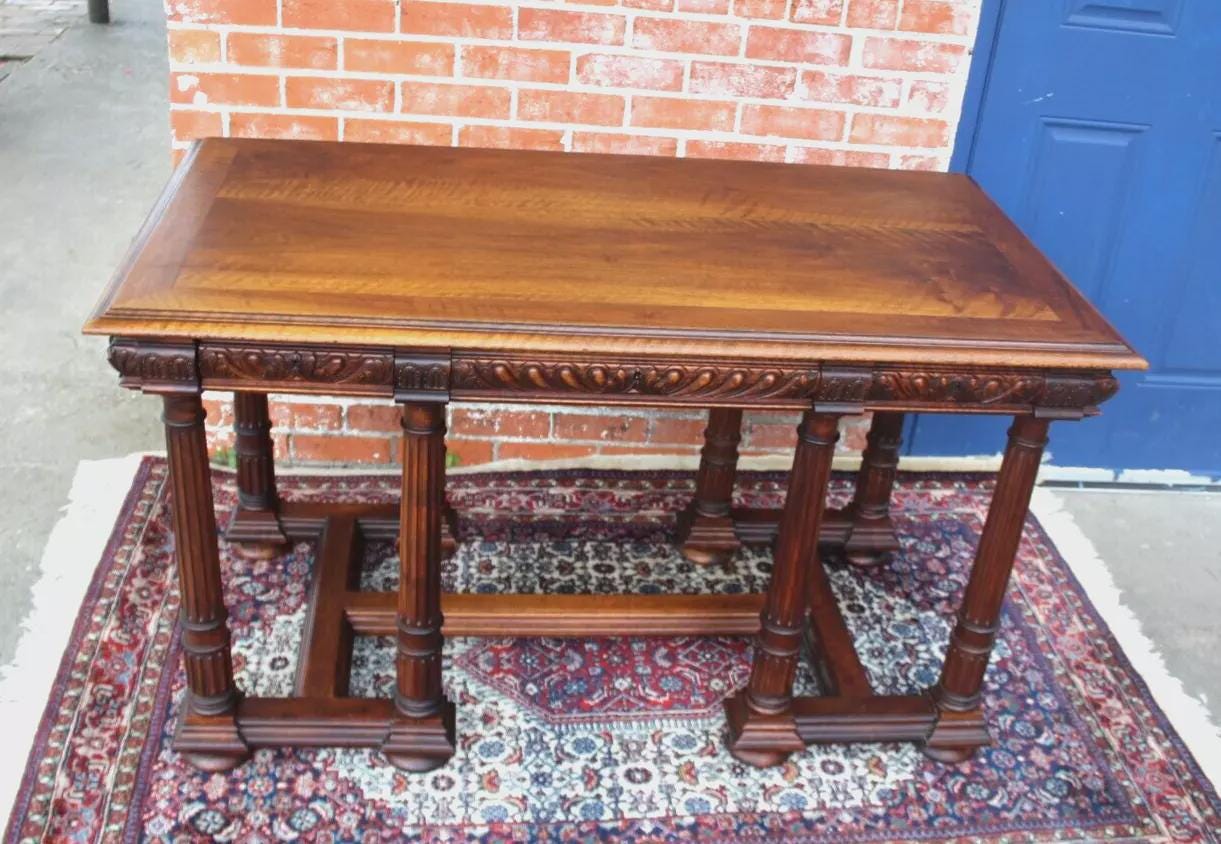 French Antique Walnut Louis XVI Writing Desk | Circa 1880 Carved Table