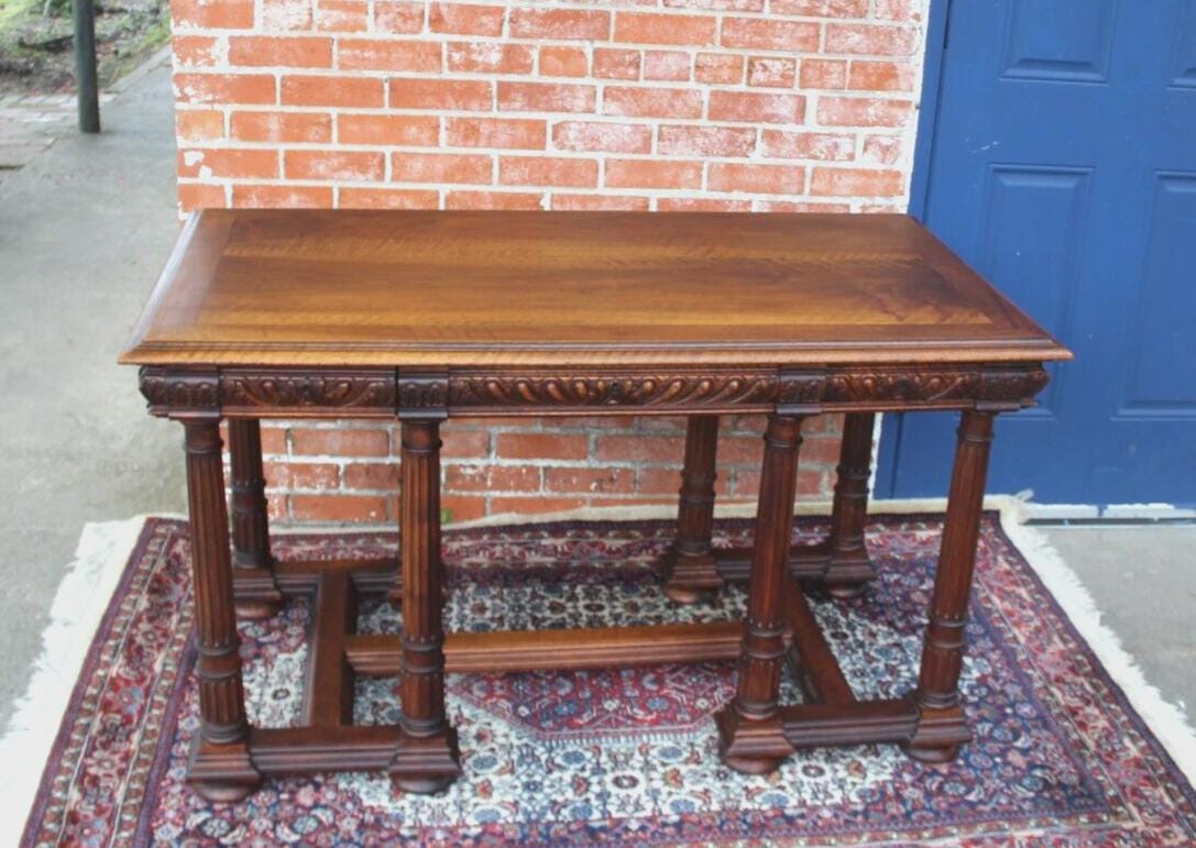 French Antique Walnut Louis XVI Writing Desk | Circa 1880 Carved Table