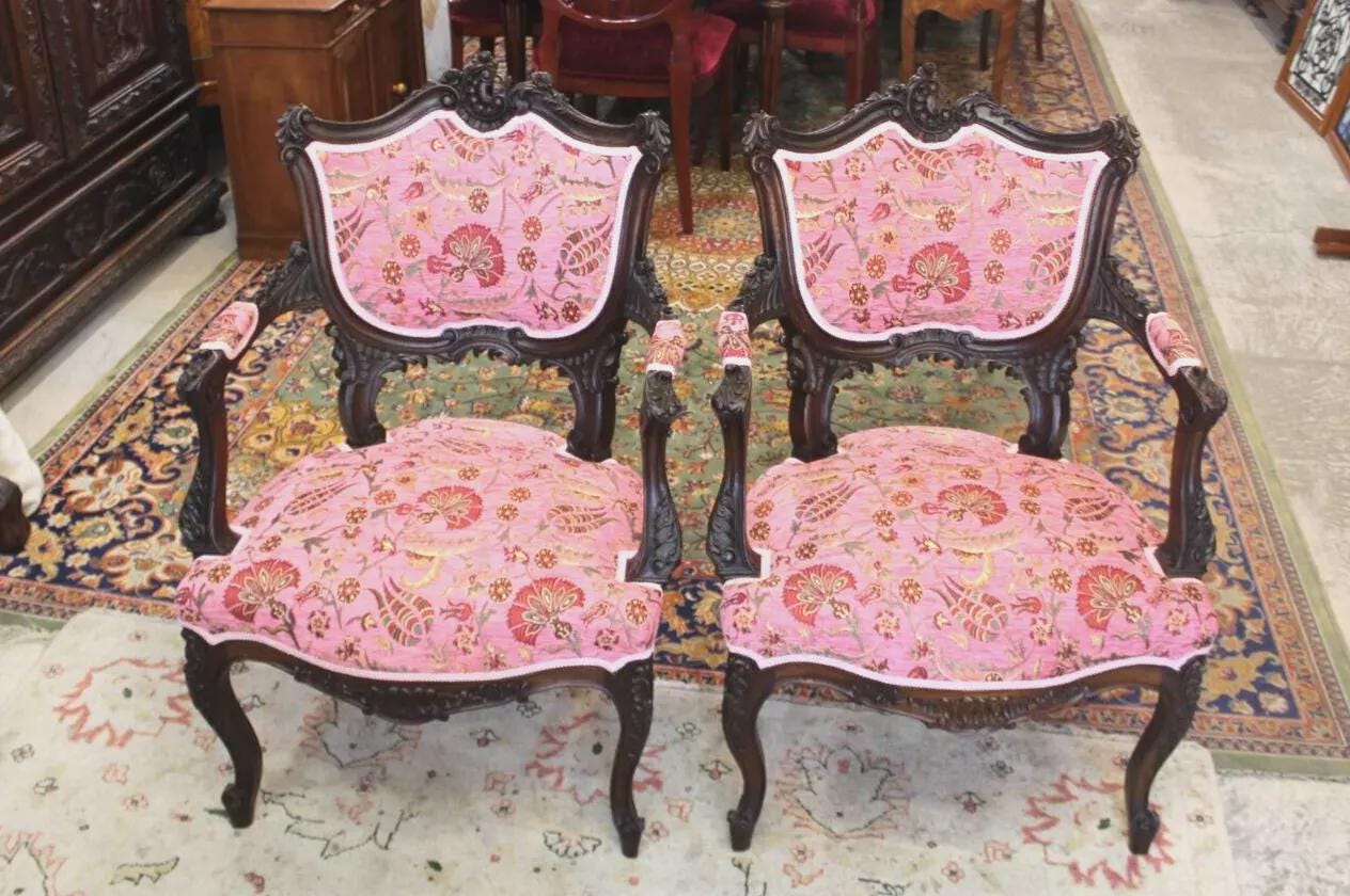 Pair Louis XV Carved Walnut Arm Chairs | Pink Upholstered French Antique Set