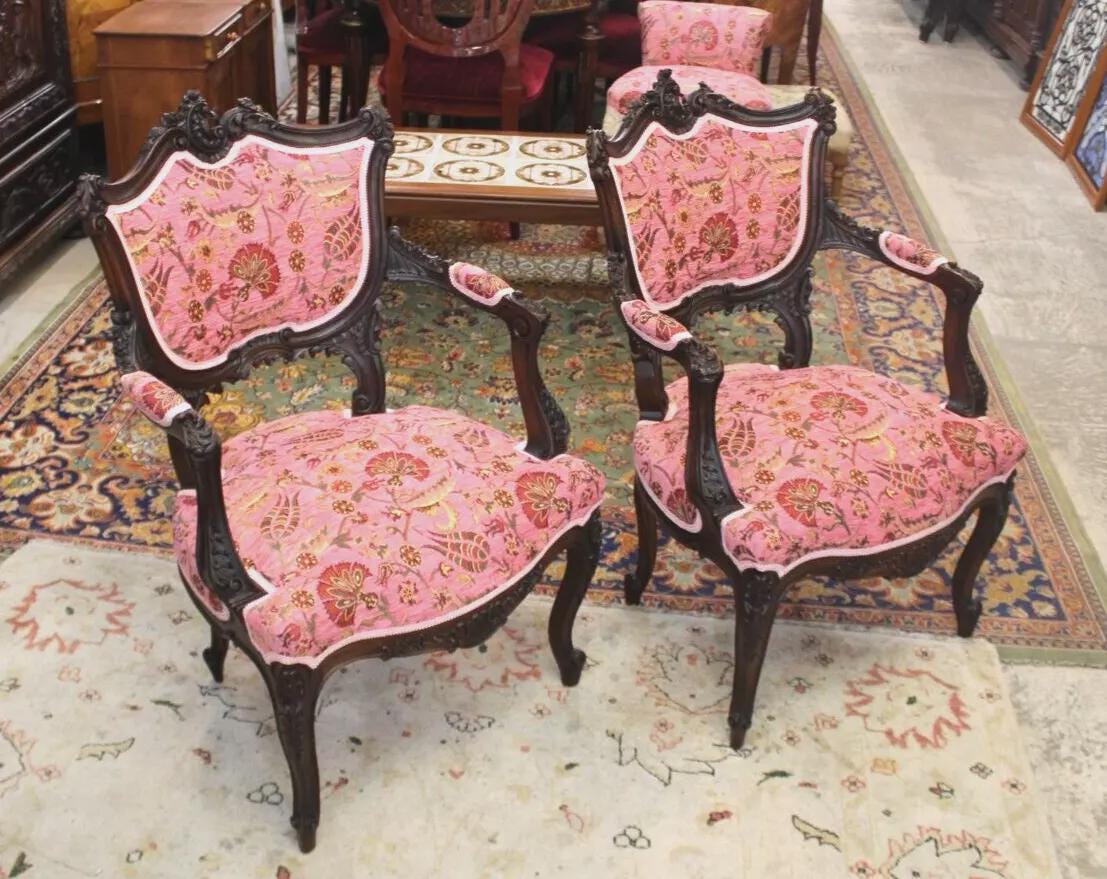 Pair Louis XV Carved Walnut Arm Chairs | Pink Upholstered French Antique Set