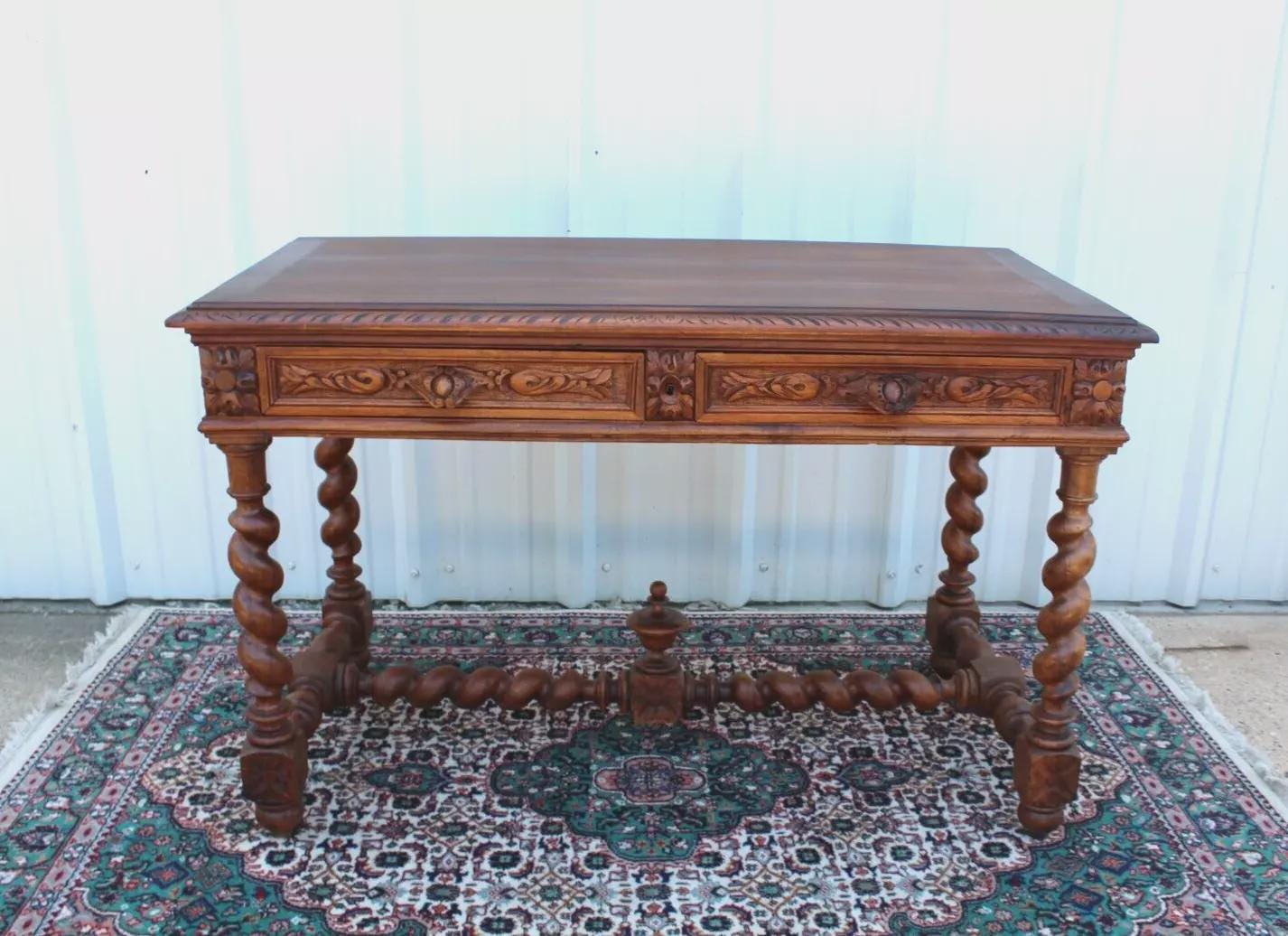 French Antique Oak Louis XIII Desk | Carved Writing Table with Barley Legs