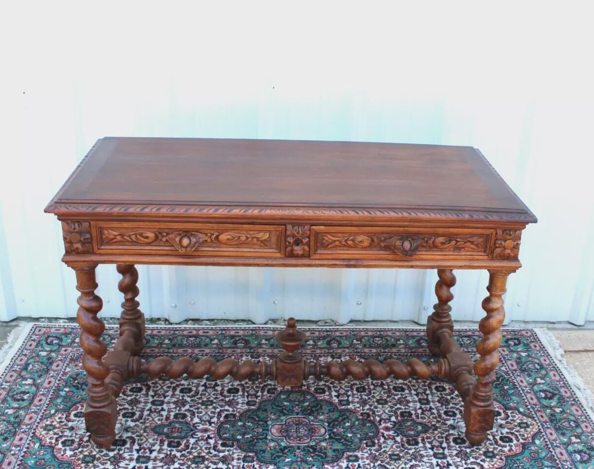 French Antique Oak Louis XIII Desk | Carved Writing Table with Barley Legs
