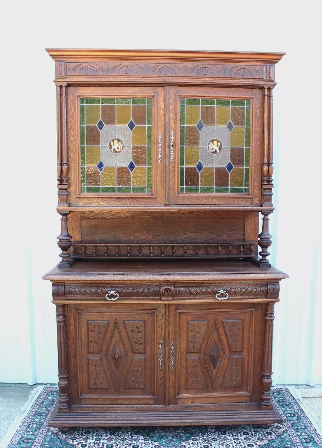 French Antique Oak Renaissance Hutch | Buffet w/ Stained Glass Cabinet Doors