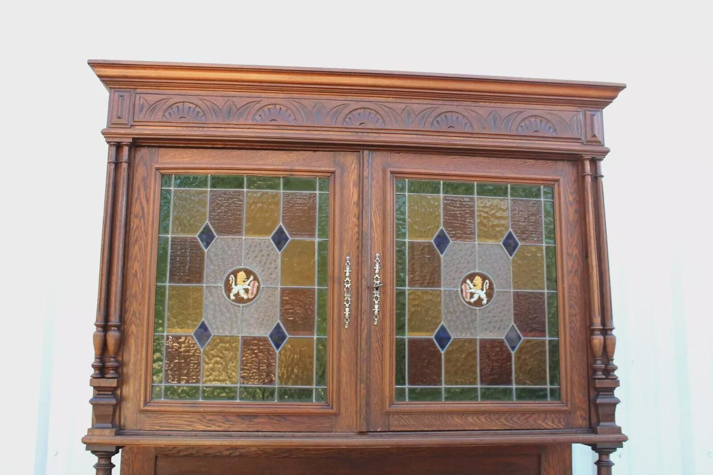French Antique Oak Renaissance Hutch | Buffet w/ Stained Glass Cabinet Doors