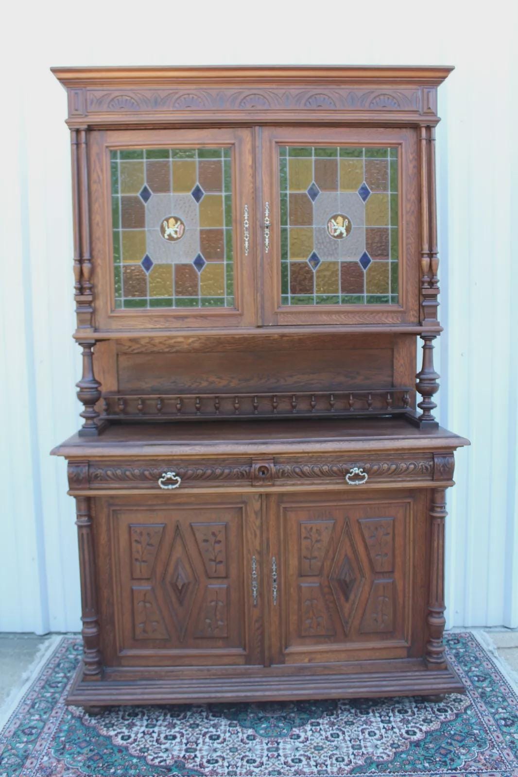 French Antique Oak Renaissance Hutch | Buffet w/ Stained Glass Cabinet Doors