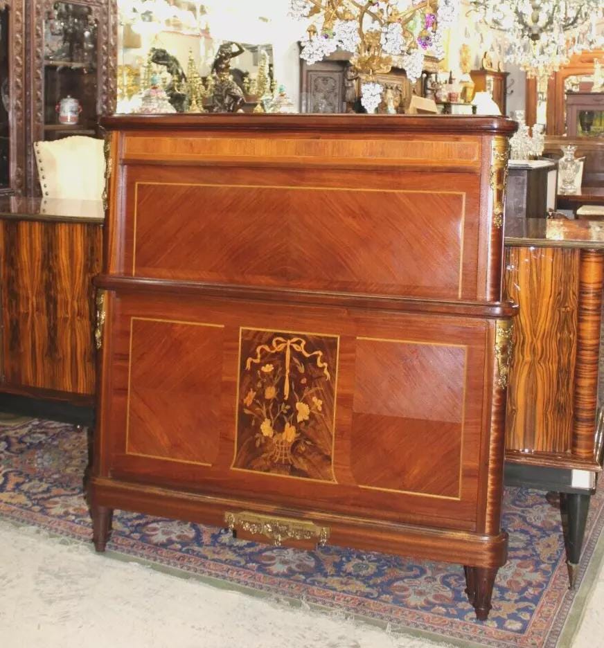 Pair French Louis XVI Inlaid Twin Beds | Antique Mahogany Brass Mounts