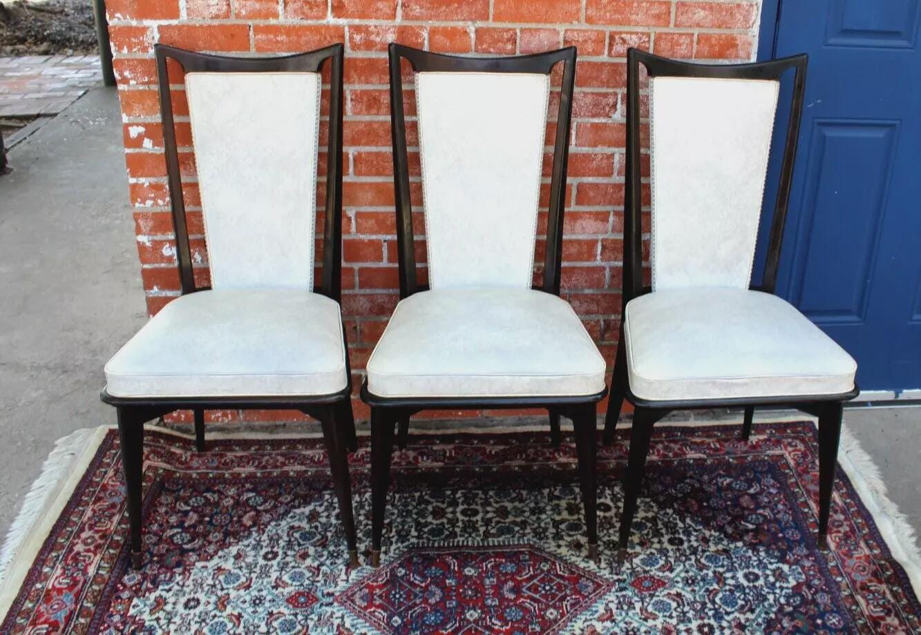 Set of 6 Mid Century Mahogany Dining Chairs | White Upholstered Seats