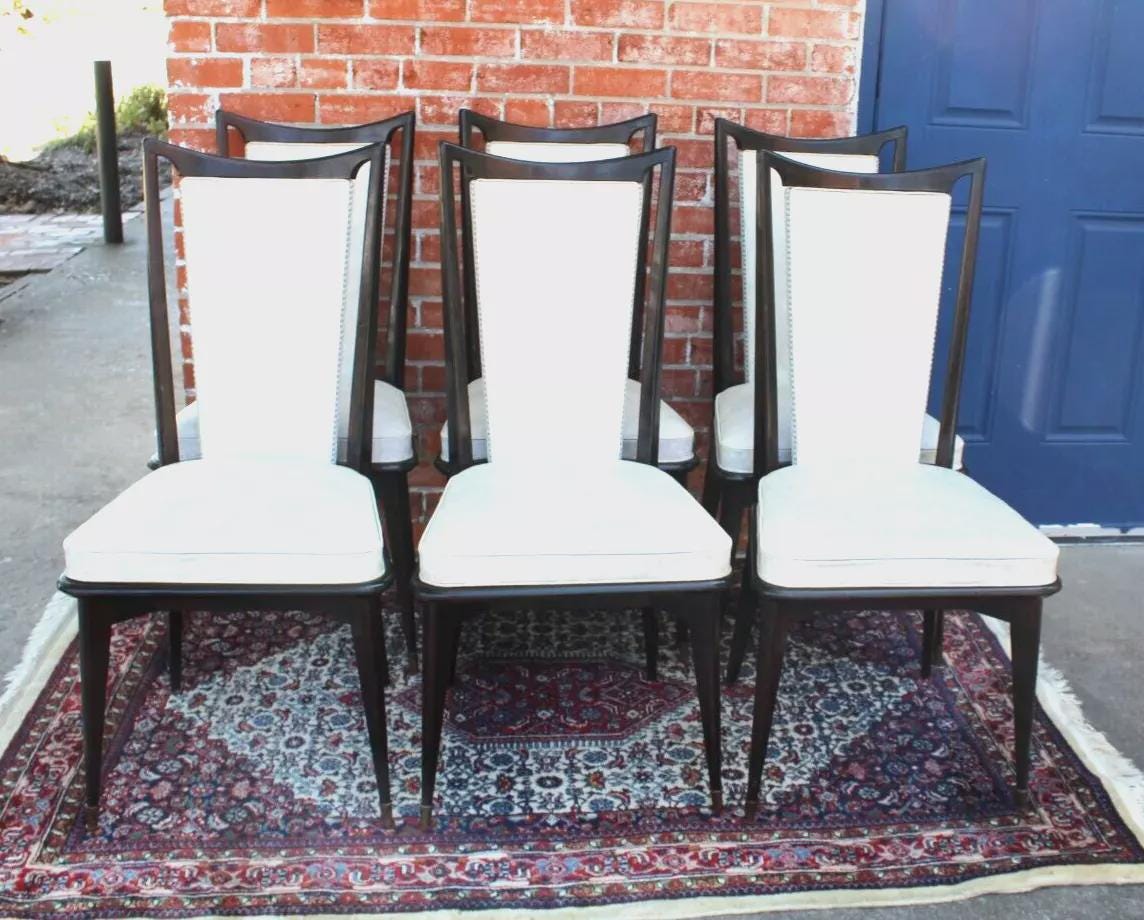 Set of 6 Mid Century Mahogany Dining Chairs | White Upholstered Seats