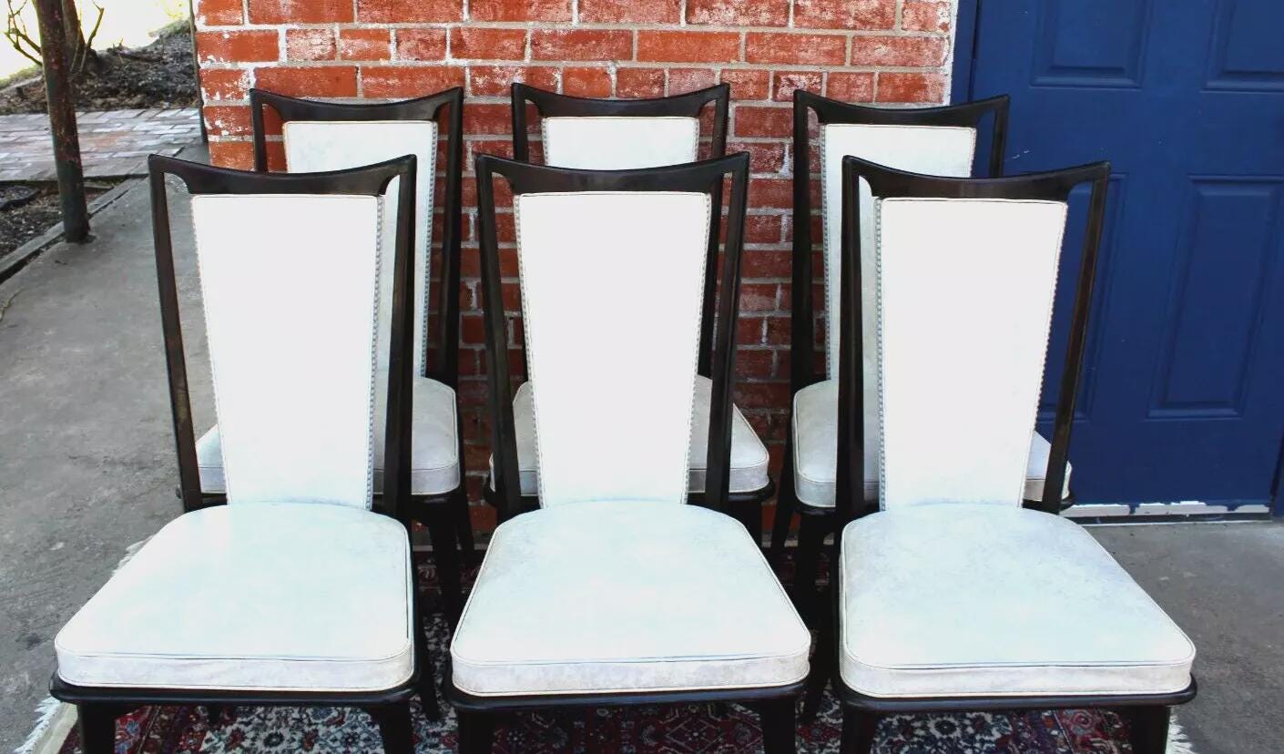 Set of 6 Mid Century Mahogany Dining Chairs | White Upholstered Seats
