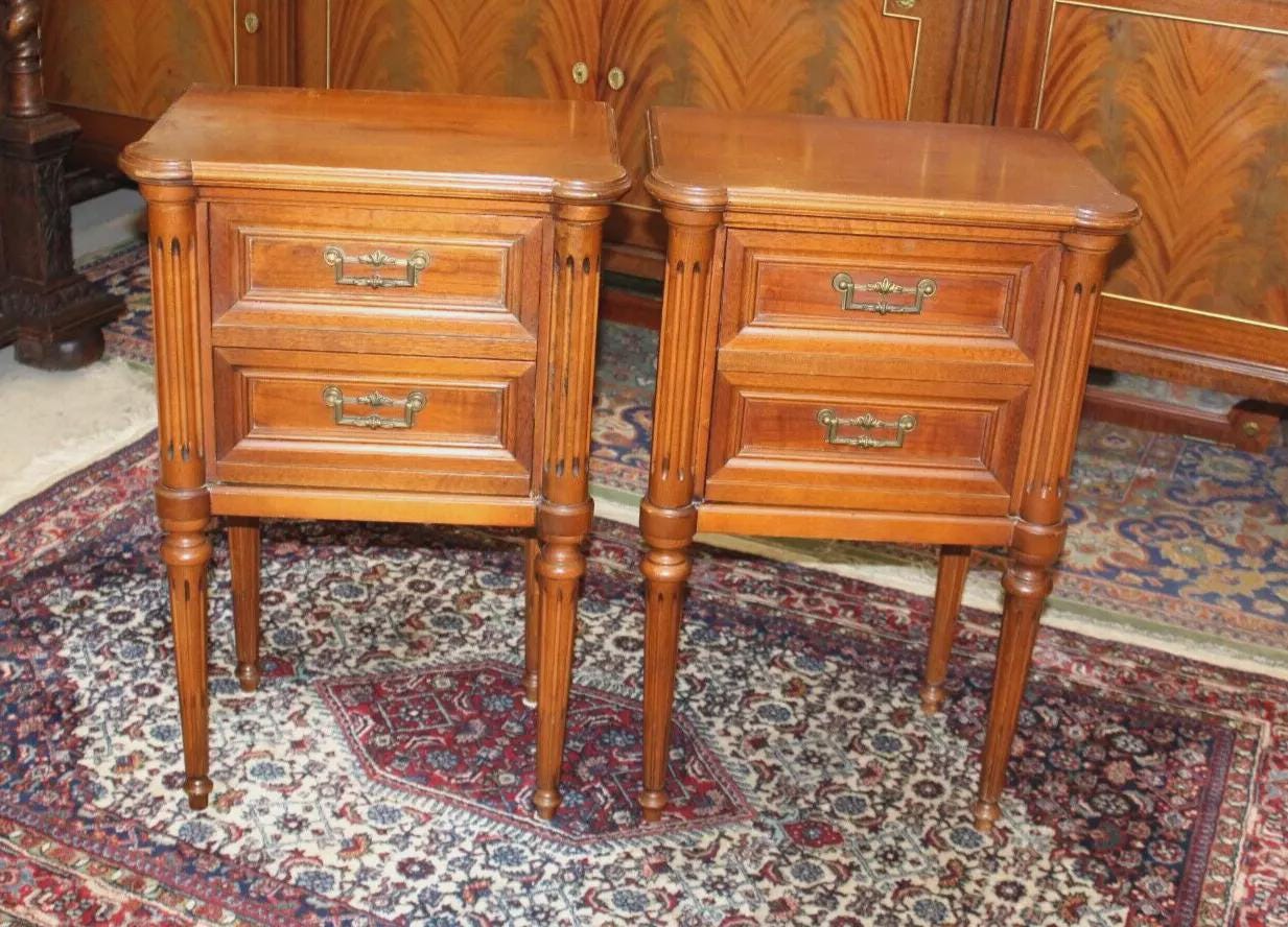 Pair of French Louis XVI Maple Nightstands | Antique 2-Drawer Bedside Tables