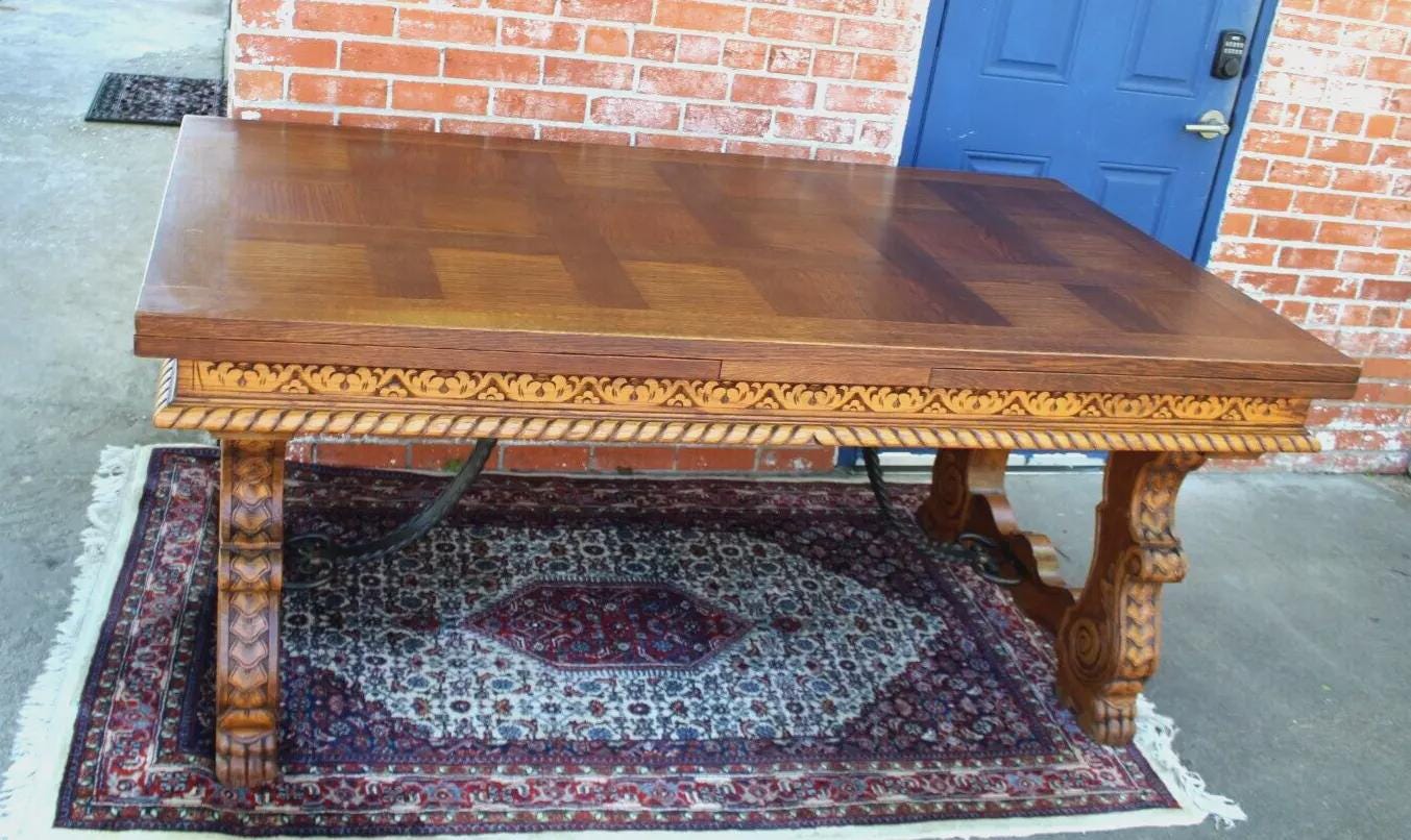 French Antique Oak Draw Leaf Table | Renaissance Spanish Style Dining Table