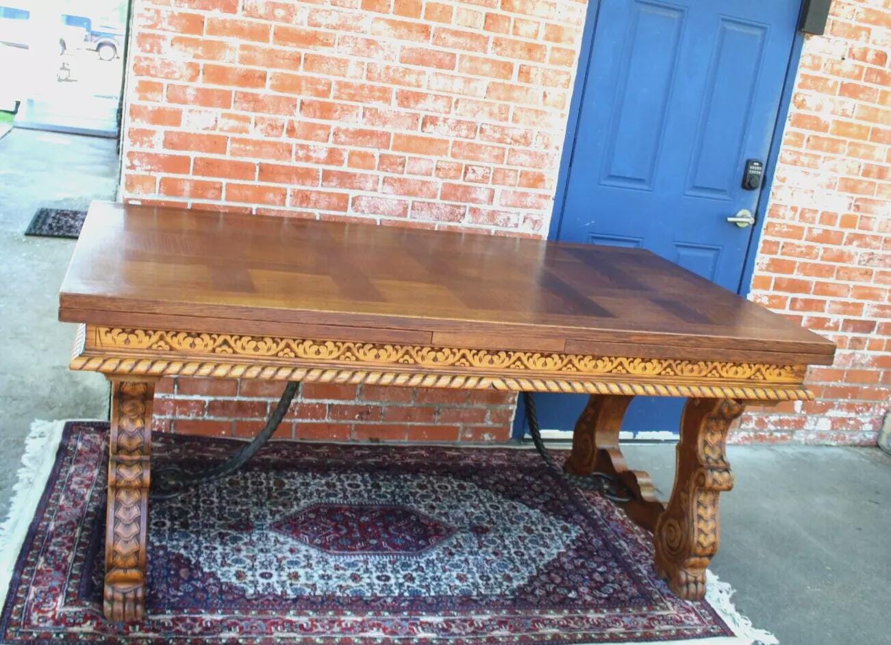 French Antique Oak Draw Leaf Table | Renaissance Spanish Style Dining Table
