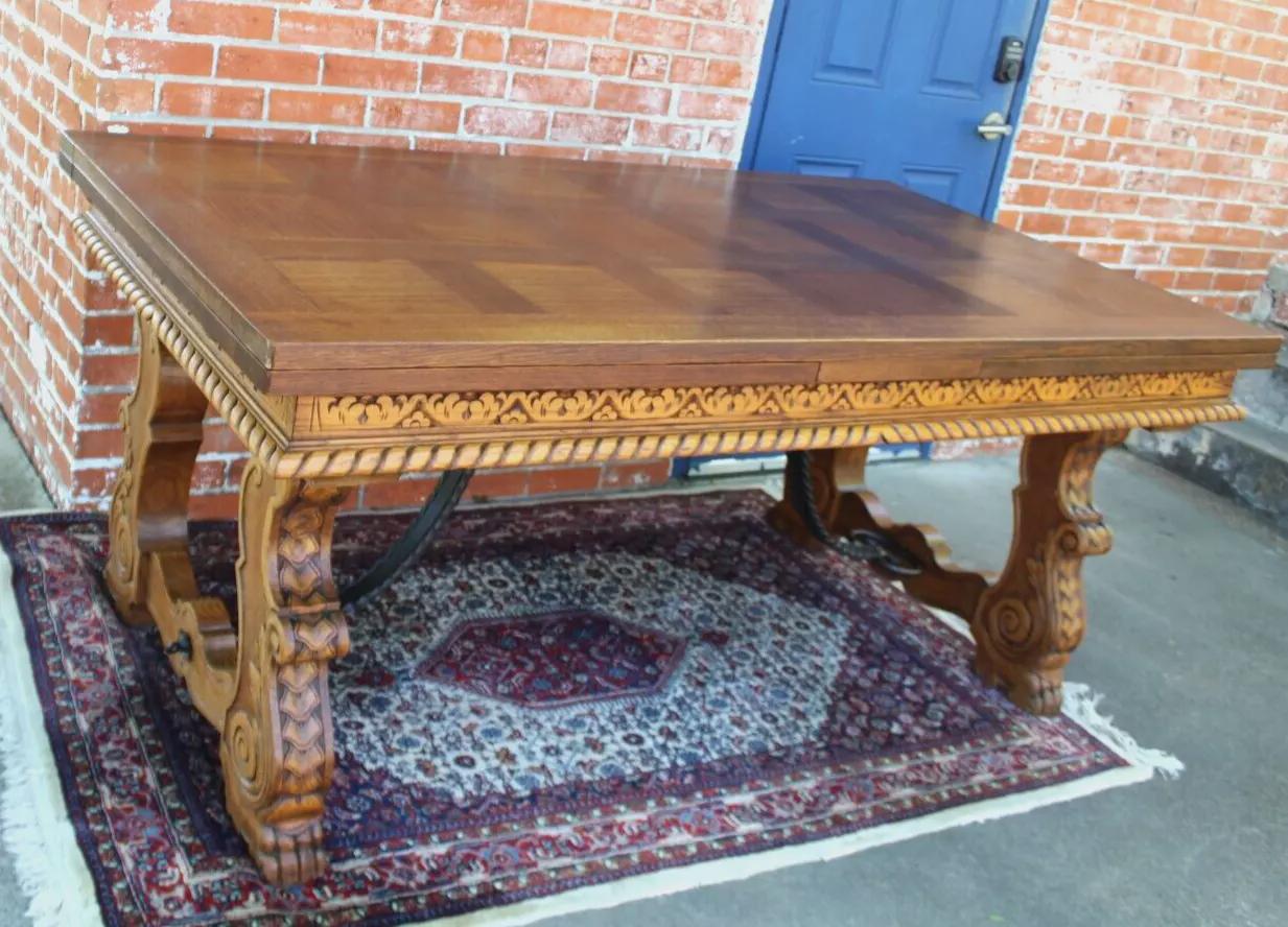 French Antique Oak Draw Leaf Table | Renaissance Spanish Style Dining Table