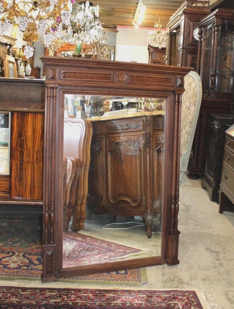 French Antique Louis XVI Mirror | Dark Oak Wood Wall Mirror with Carving
