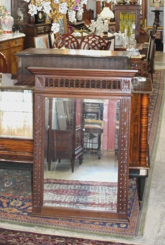 French Antique Brittany Style Mirror | Dark Oak Carved Wall Mirror