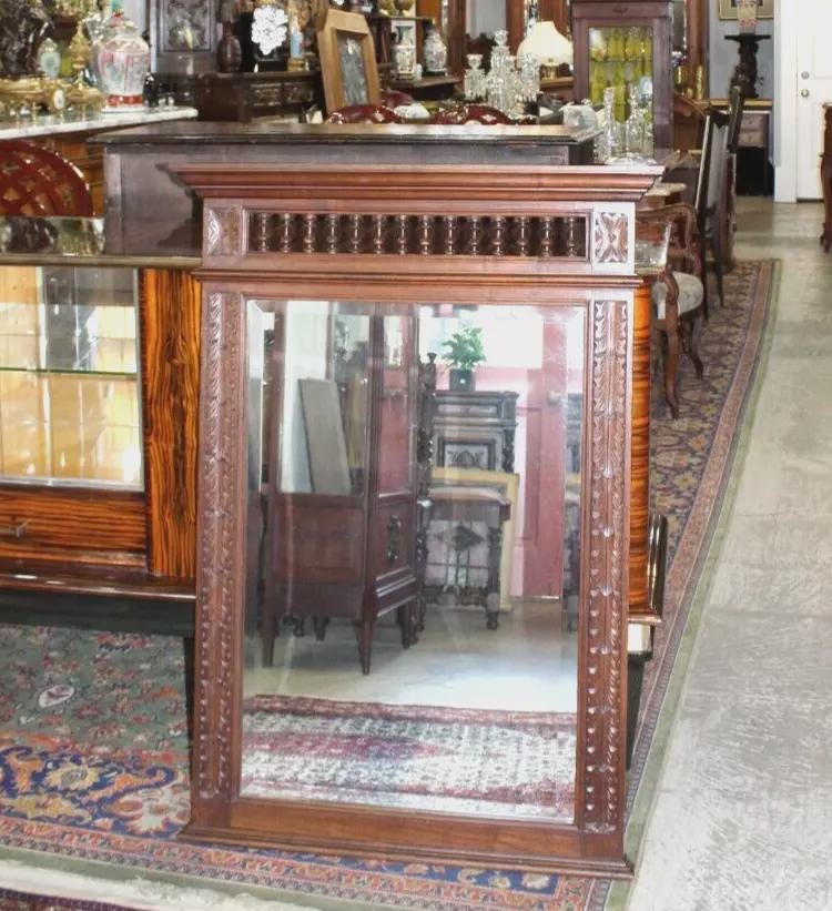 French Antique Brittany Style Mirror | Dark Oak Carved Wall Mirror