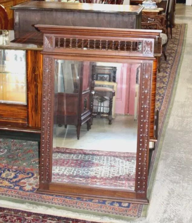 French Antique Brittany Style Mirror | Dark Oak Carved Wall Mirror