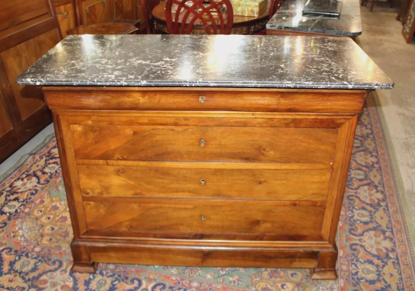 French Antique Walnut Louis Philippe Chest | Marble Top Sideboard Cabinet