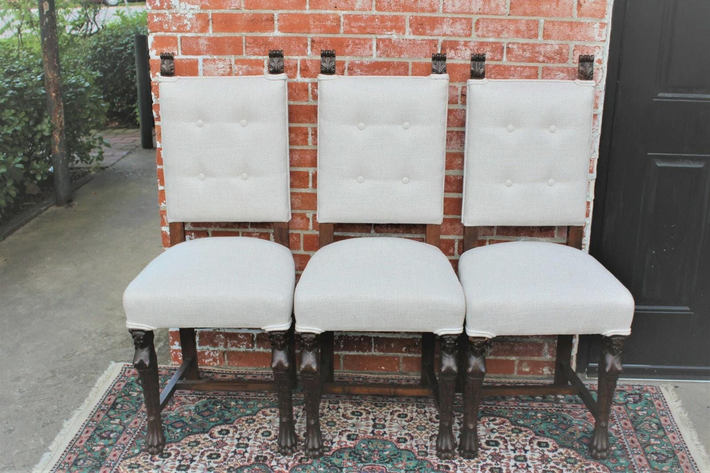 Set of 6 French Renaissance Dining Chairs | White Upholstery | Antique