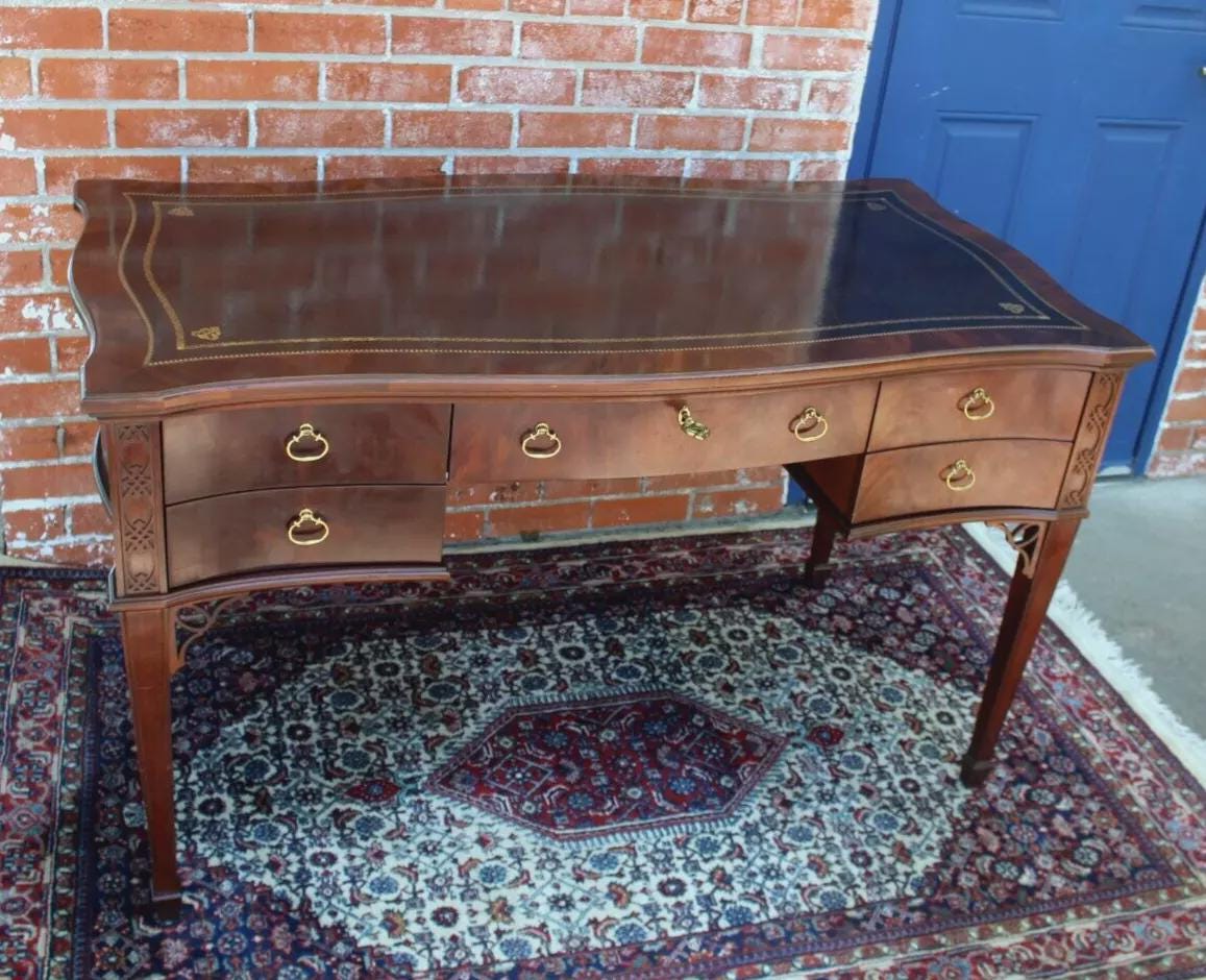 American Edwardian Sligh Writing Desk | Mahogany & Leather Top Office Table