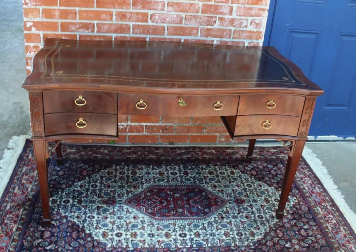 American Edwardian Sligh Writing Desk | Mahogany & Leather Top Office Table