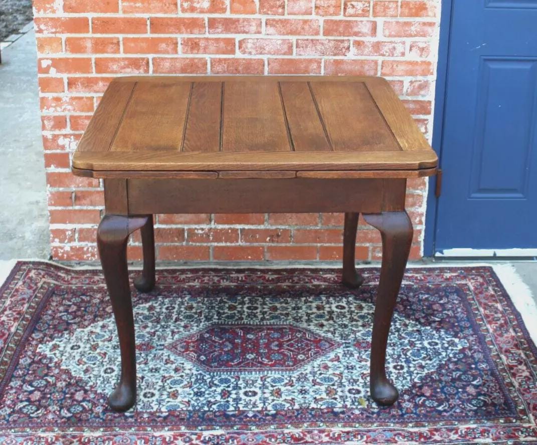 English Antique Queen Anne Table | Oak Draw Leaf Kitchen Dining Table