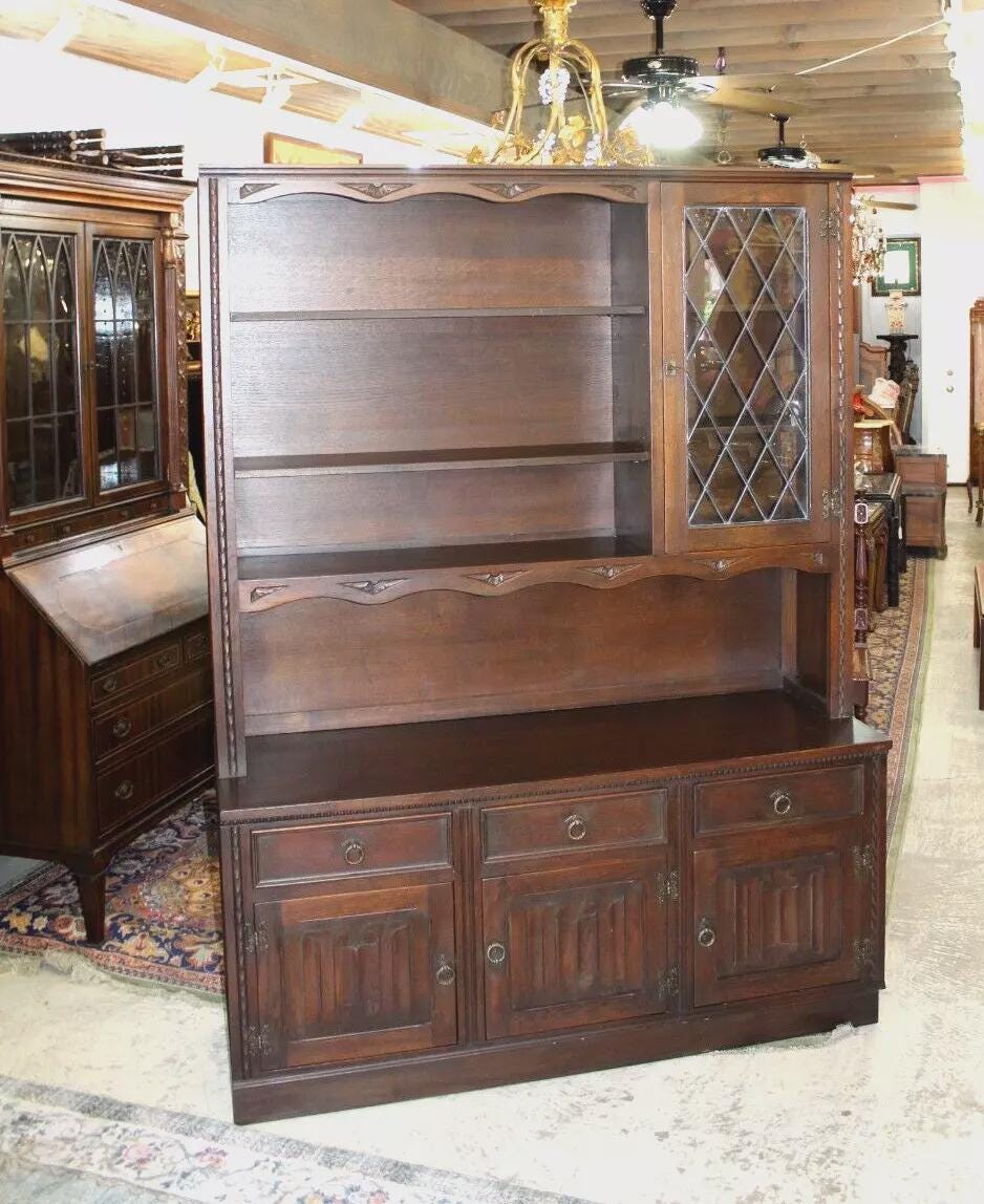 English Antique Oak Bookcase Display Cabinet | Leaded Glass Large Hutch