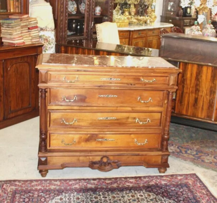 French Antique Henry II Walnut Chest | Marble Top Drawers Dresser c. 1880s