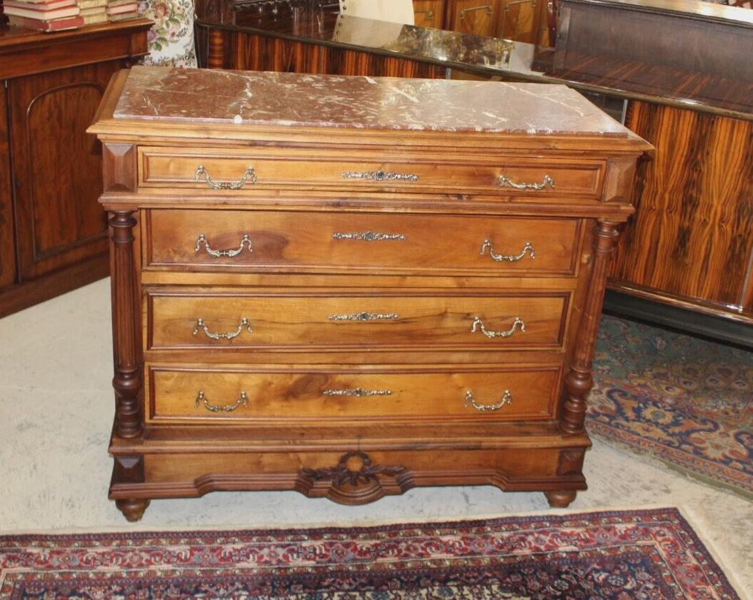 French Antique Henry II Walnut Chest | Marble Top Drawers Dresser c. 1880s