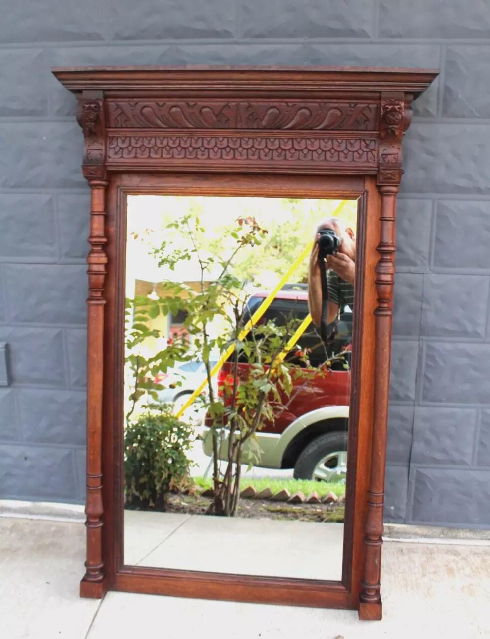 French Antique Dark Oak Mirror | Renaissance Style Carved Wall Frame