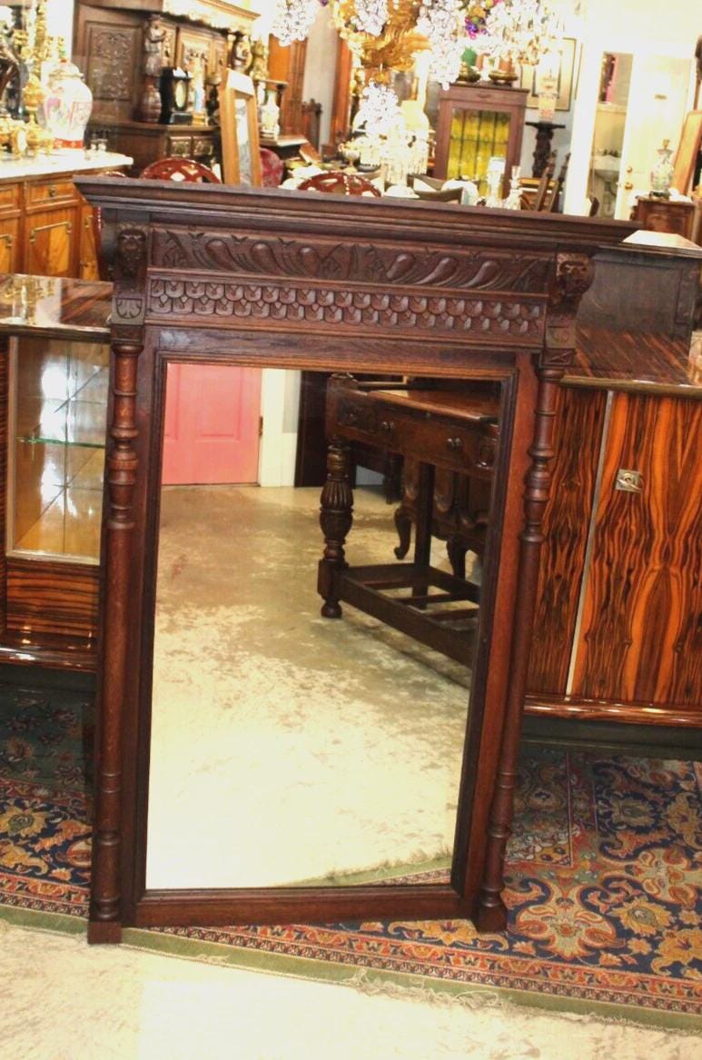 French Antique Dark Oak Mirror | Renaissance Style Carved Wall Frame