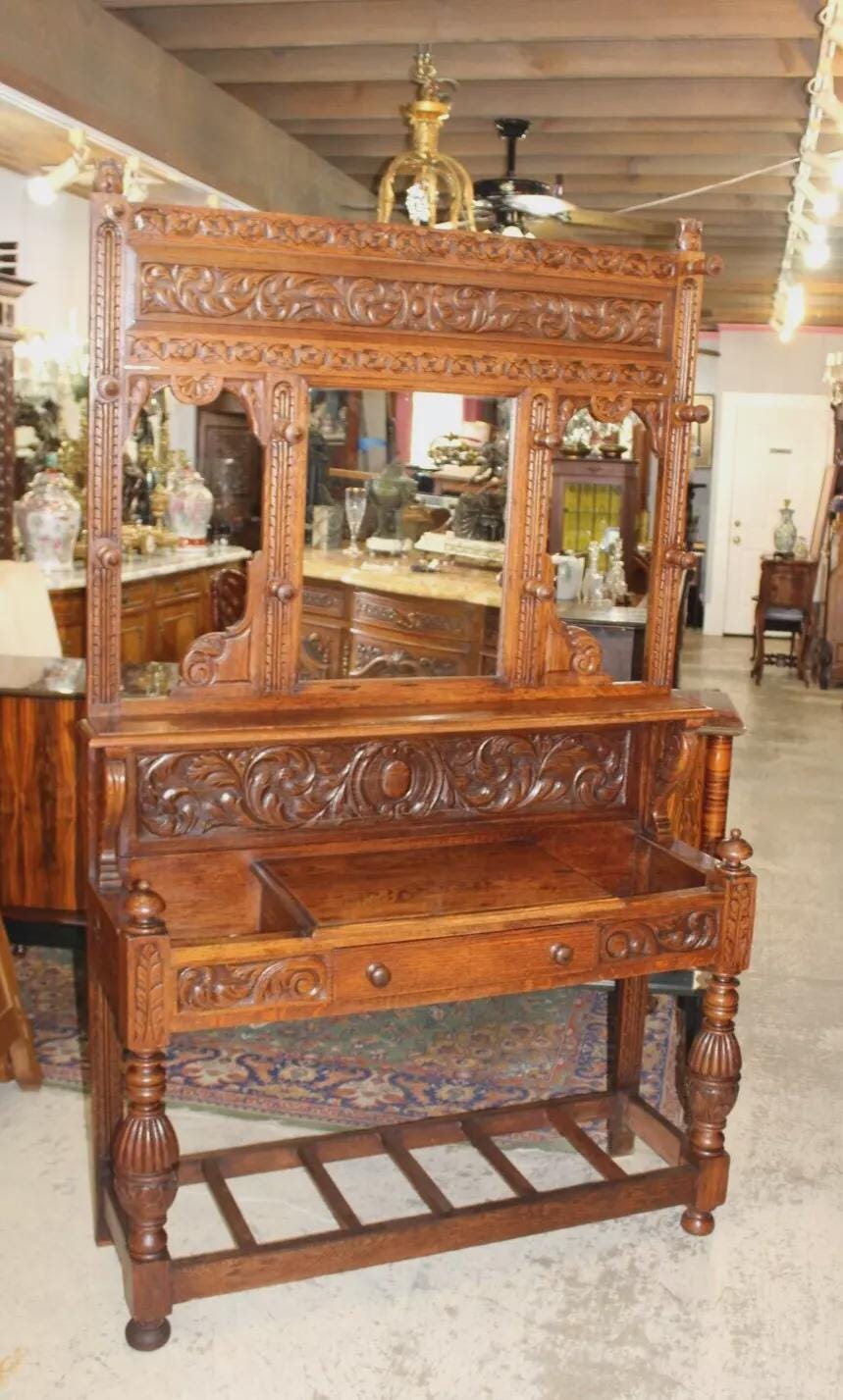 French Antique Oak Renaissance Hall Tree | Carved Coat Stand with Mirror