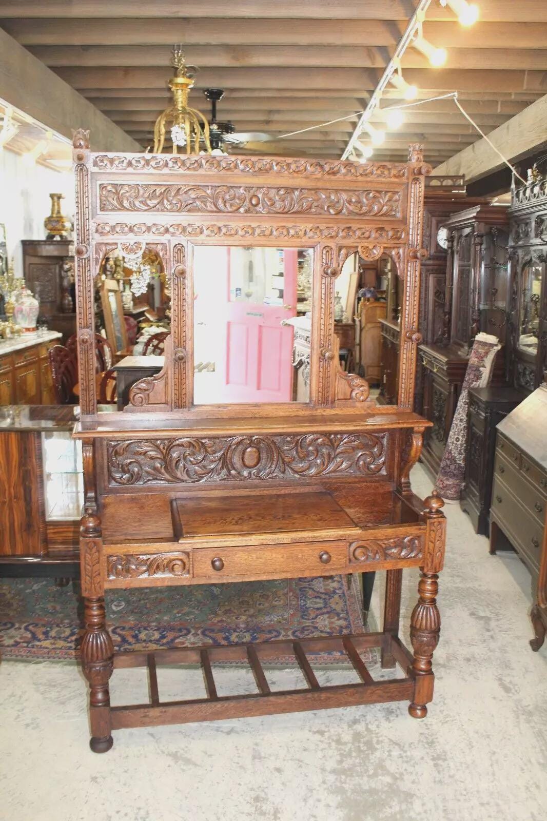 French Antique Oak Renaissance Hall Tree | Carved Coat Stand with Mirror
