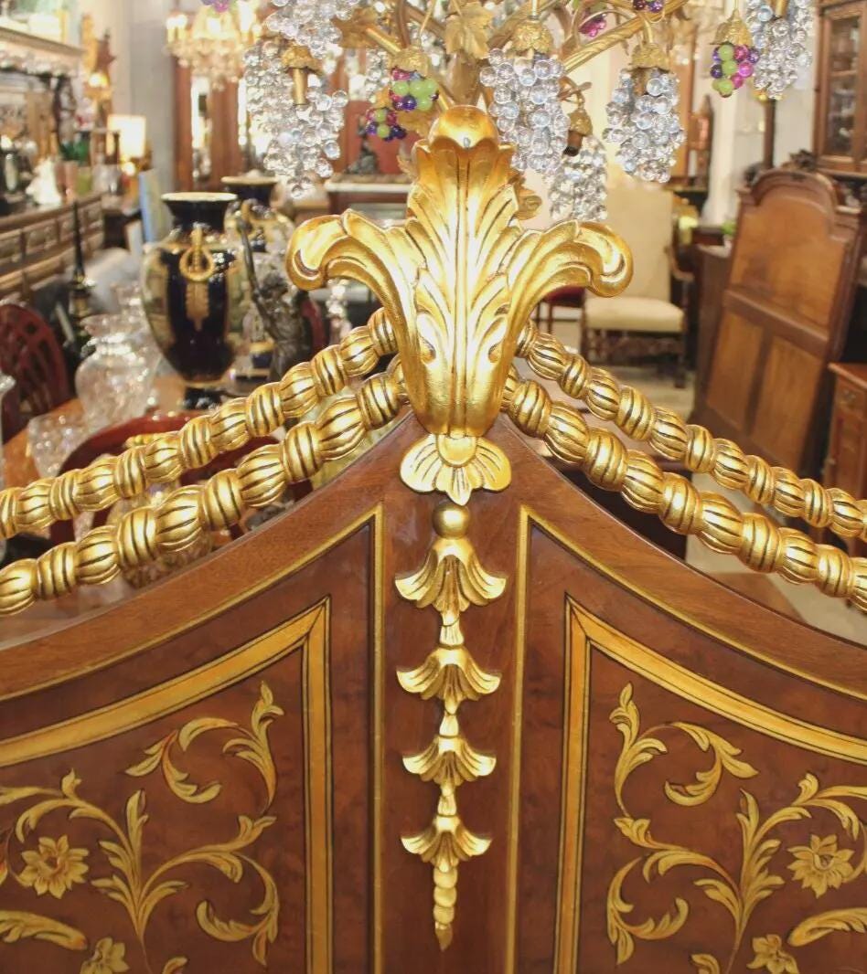 King Size American Mahogany Headboard by Karges | Hand-Carved Floral Inlay Detail