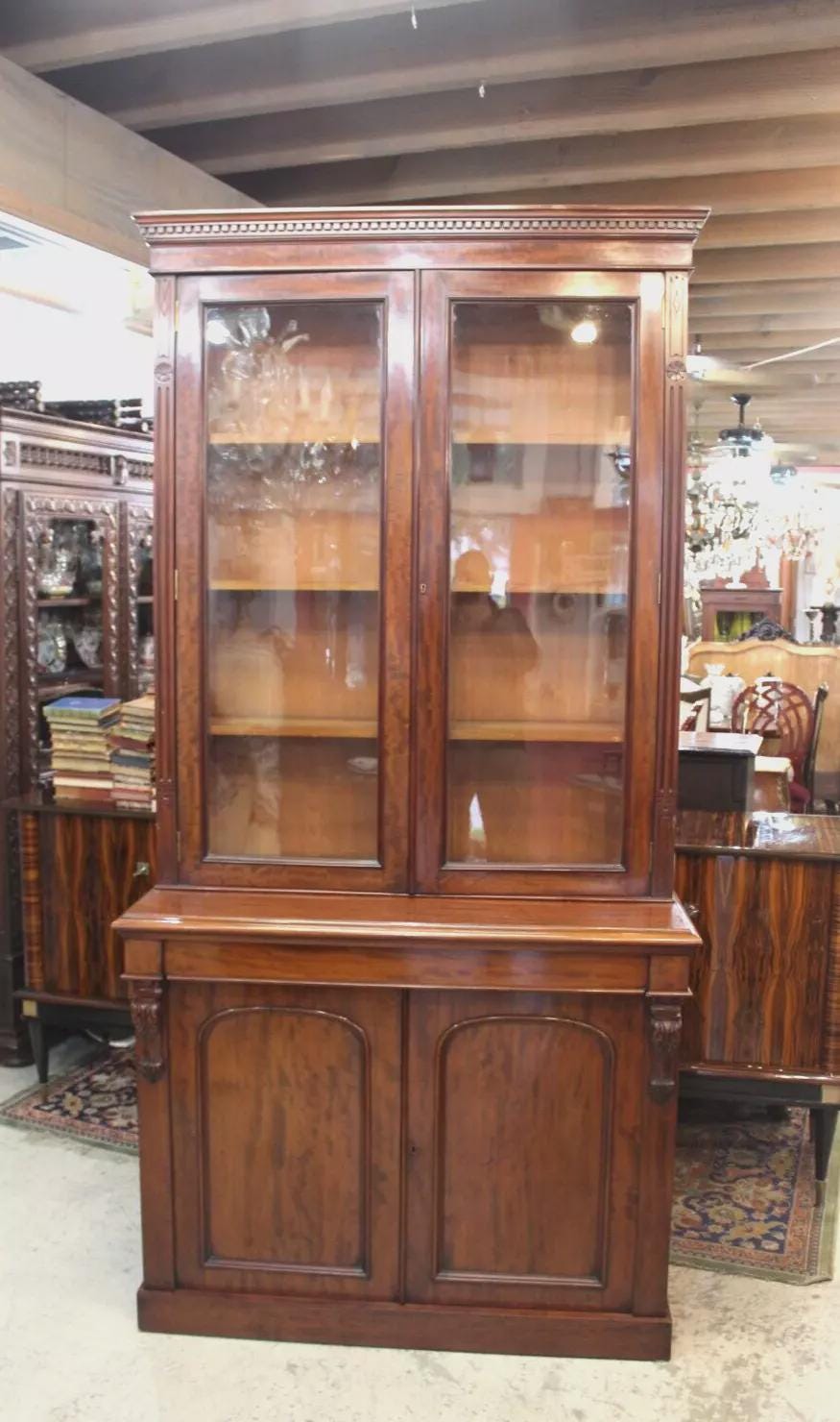 English Antique Mahogany Bookcase Display Cabinet with Glass Doors c. 19th C.