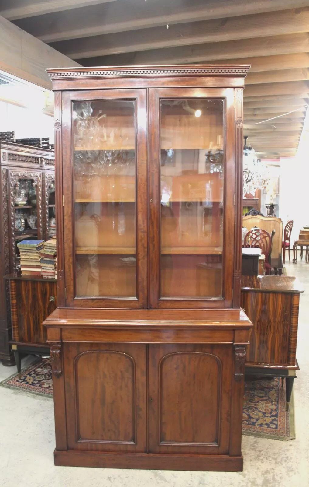 English Antique Mahogany Bookcase Display Cabinet with Glass Doors c. 19th C.