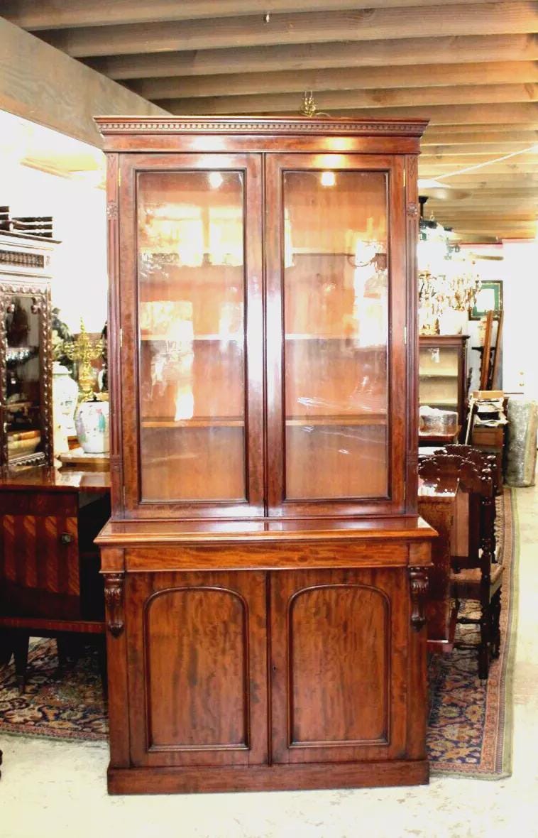 English Antique Mahogany Bookcase Display Cabinet with Glass Doors c. 19th C.