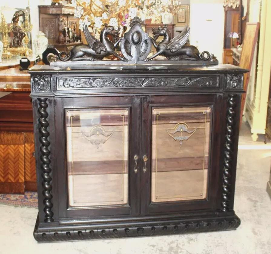 French Antique Louis XIII Glass Door Bookcase Display Cabinet w/ Griffins