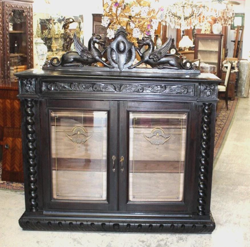 French Antique Louis XIII Glass Door Bookcase Display Cabinet w/ Griffins
