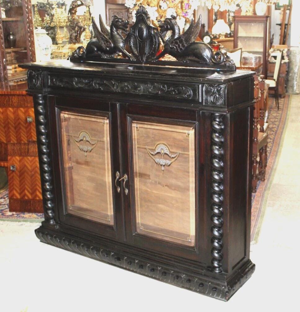 French Antique Louis XIII Glass Door Bookcase Display Cabinet w/ Griffins