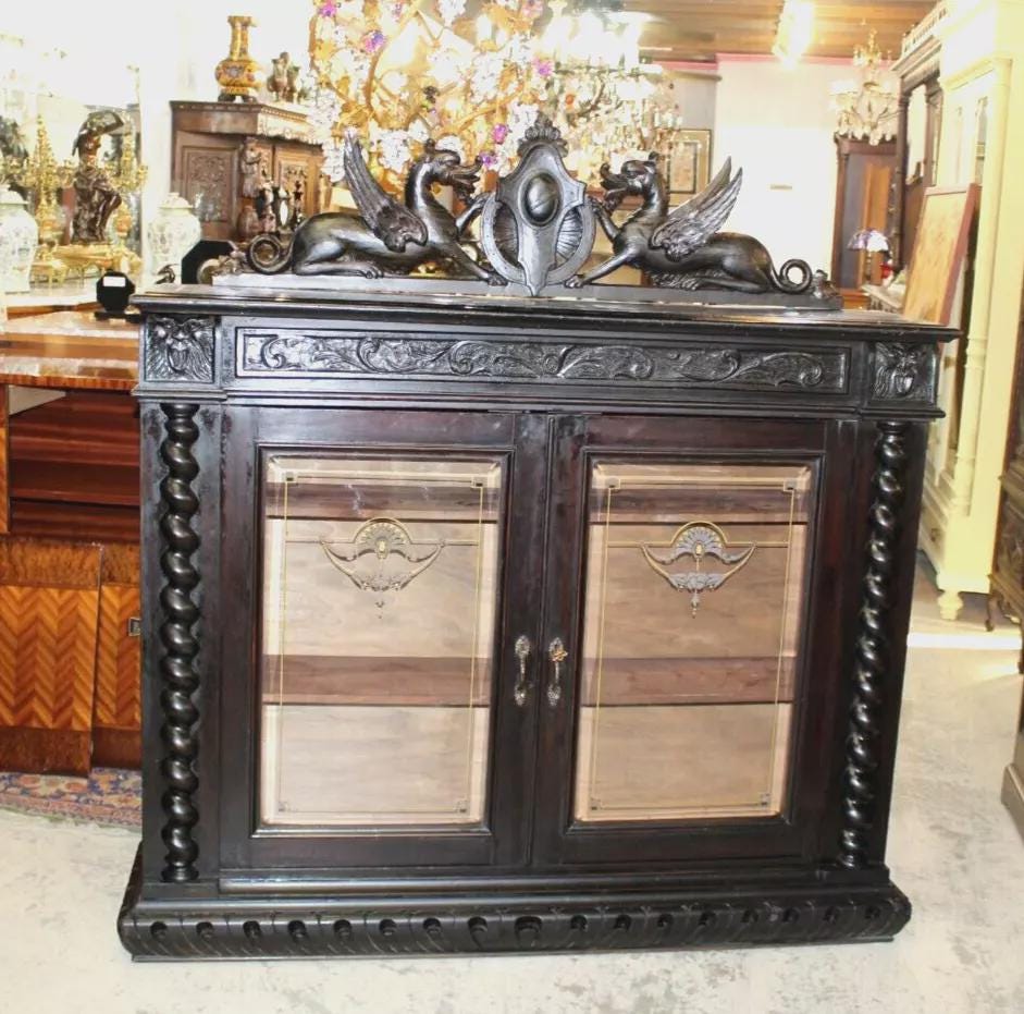 French Antique Louis XIII Glass Door Bookcase Display Cabinet w/ Griffins