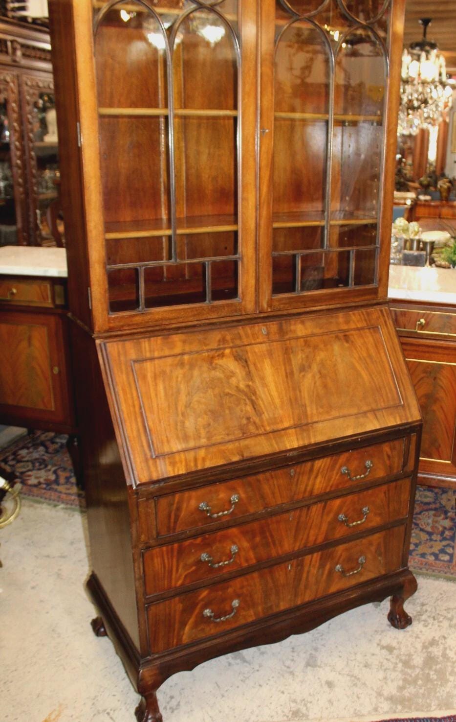 English Antique Chippendale Ball & Claw Mahogany Secretary Desk w/ Glass Doors