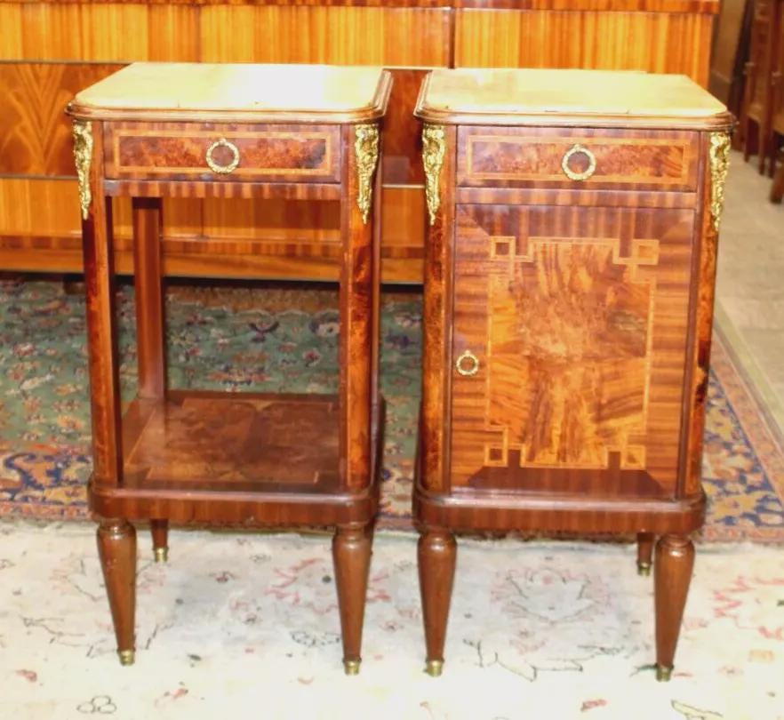 Pair French Antique Louis XVI Nightstands | Marble Top Burled Walnut Inlaid