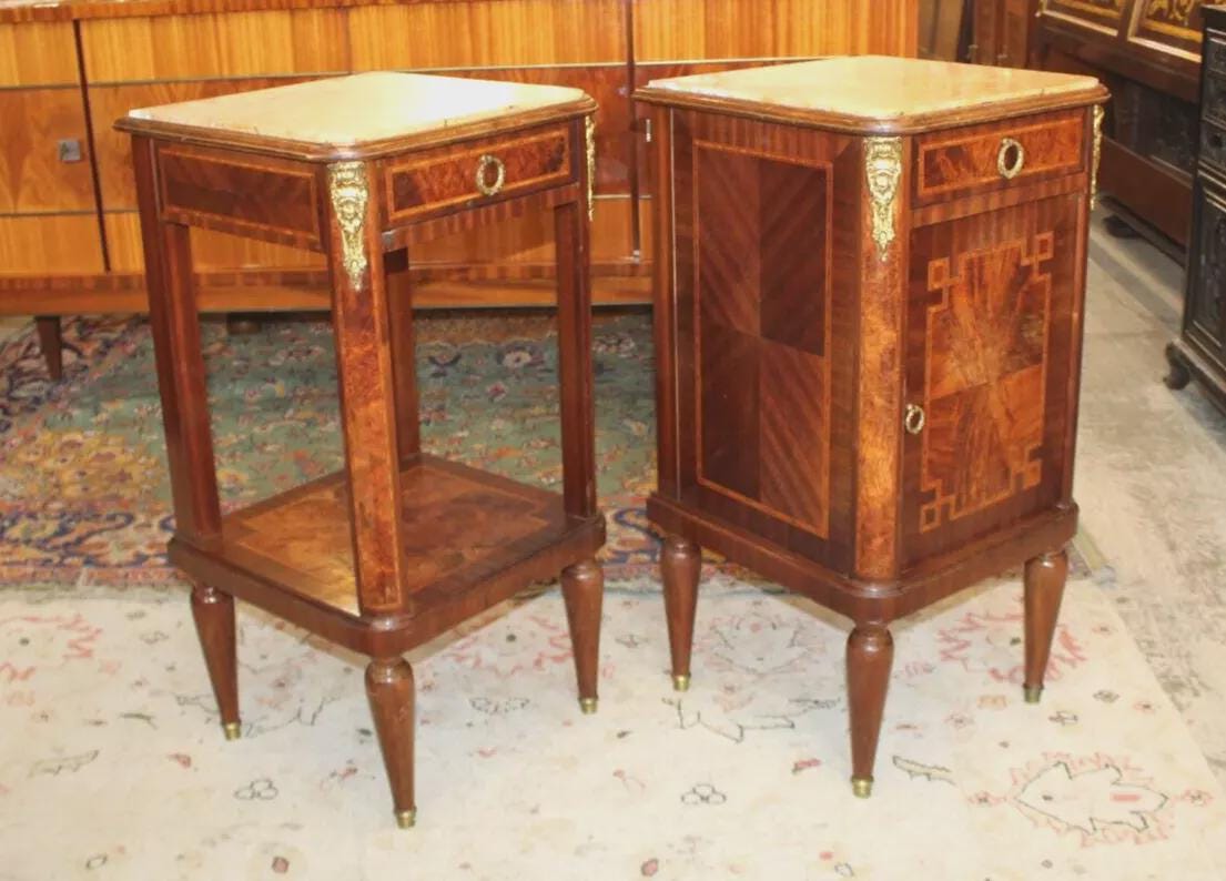 Pair French Antique Louis XVI Nightstands | Marble Top Burled Walnut Inlaid
