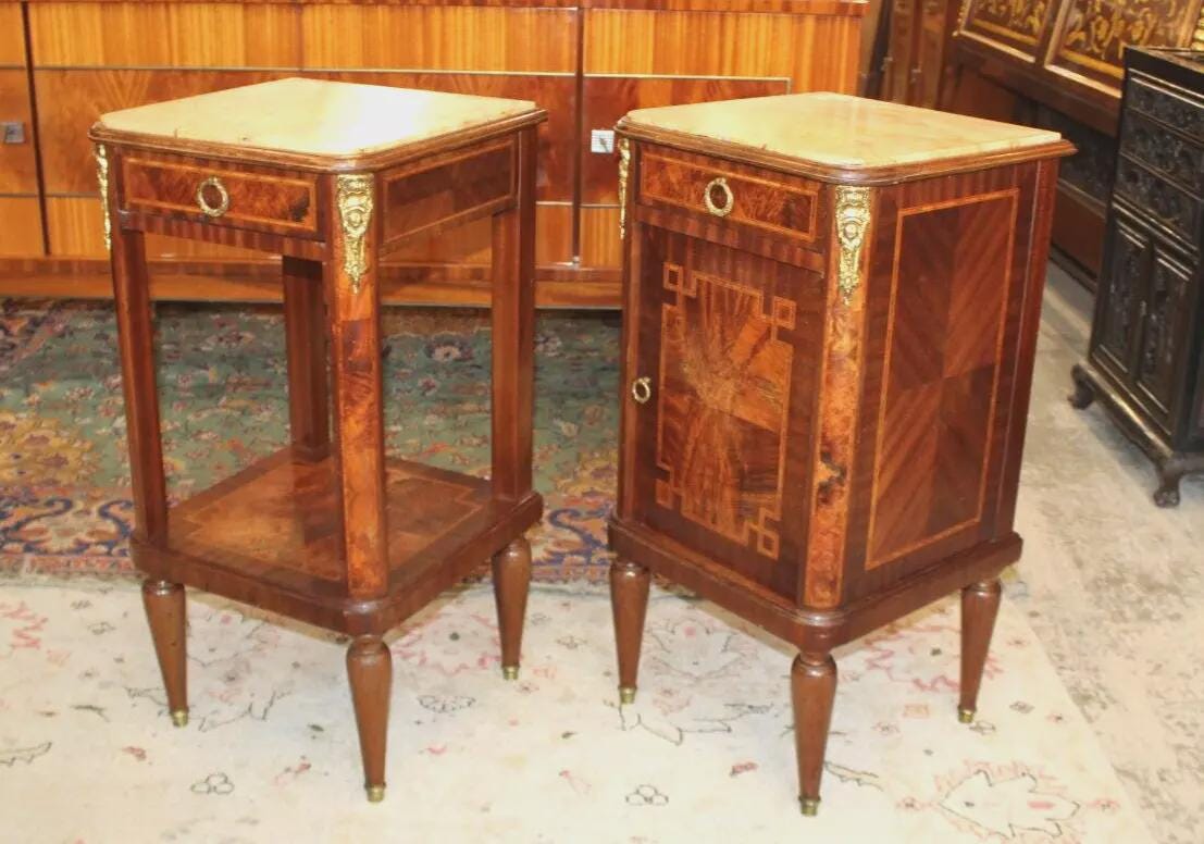 Pair French Antique Louis XVI Nightstands | Marble Top Burled Walnut Inlaid